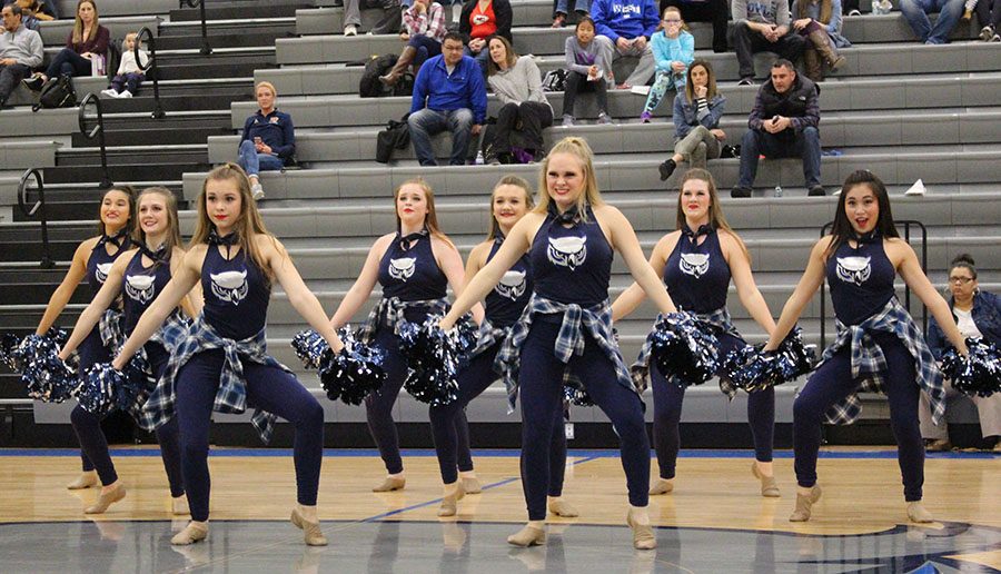 Dance team members (left to right) Delaney Johnston (10), Mikayla Forde (10), Molly Richardson (9), Katie Alstatt (9), Delaney Storm (9), Emma Plankers (11), Peyton Falen (10), and Sydney Bui (9) perform for the varsity basketball halftime show against Shawnee Mission Northwest. 
