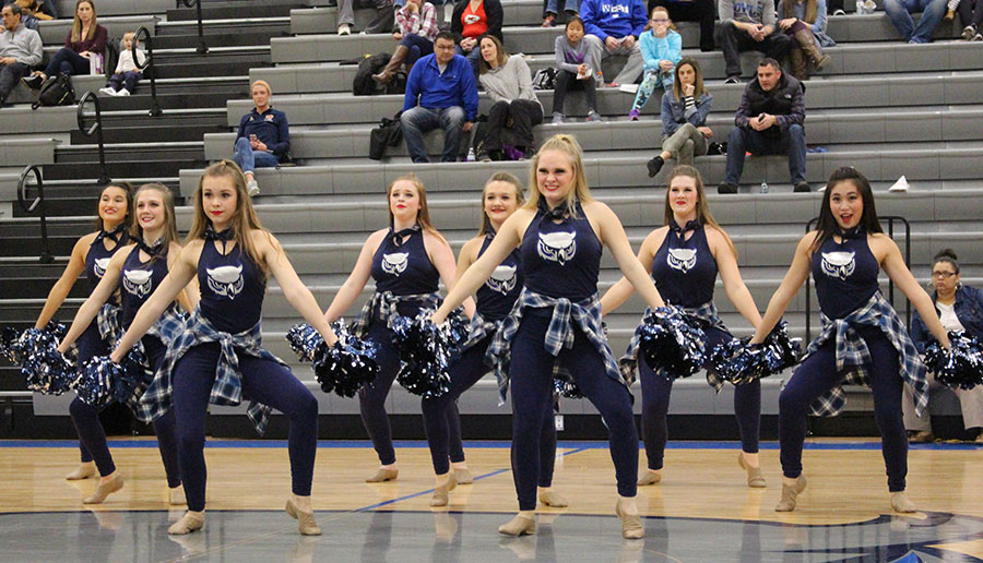Dance team members (left to right) Delaney Johnston (10), Mikayla Forde (10), Molly Richardson (9), Katie Alstatt (9), Delaney Storm (9), Emma Plankers (11), Peyton Falen (10), and Sydney Bui (9) perform for the varsity basketball halftime show against Shawnee Mission Northwest.