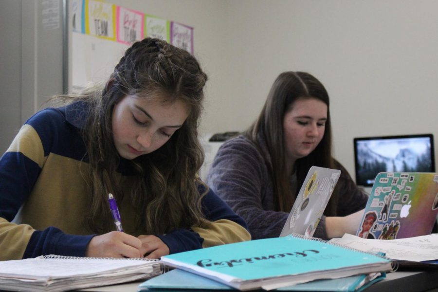 Students Sydney Brown and Paige Snider work on homework.
