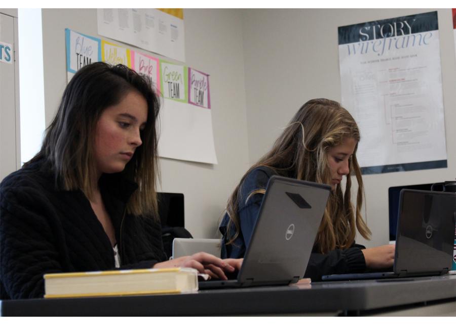 Lily Thrasher (left) and Rori Hornung (right) use their PCs for an in class project