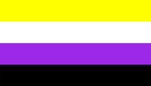 According to grpride.org, Kye Rowan created the nonbinary pride flag, which has yellow, white, purple, and black horizontal stripes, in 2014. It is intended to represent nonbinary people who did not feel that the genderqueer flag represents them.