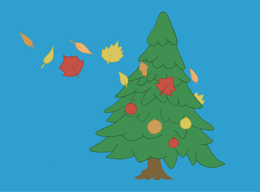 Illustration of fall leaves blowing around a Christmas tree decorated with fall colored ornaments.