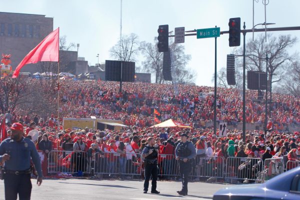 Kansas City Chiefs fans gather around Union Station in Kansas City, MO for the rally.