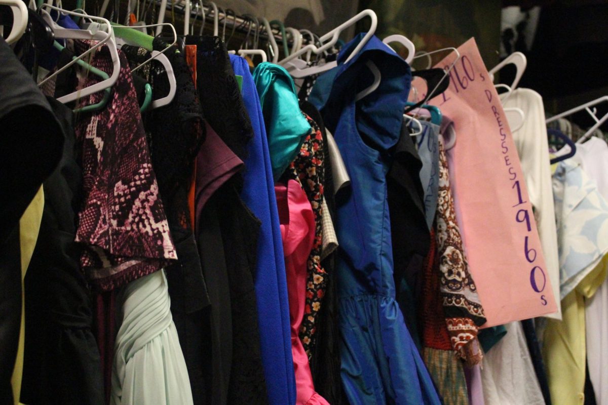 The costumes hanging up in the closet, sorted by decade and type of clothing.