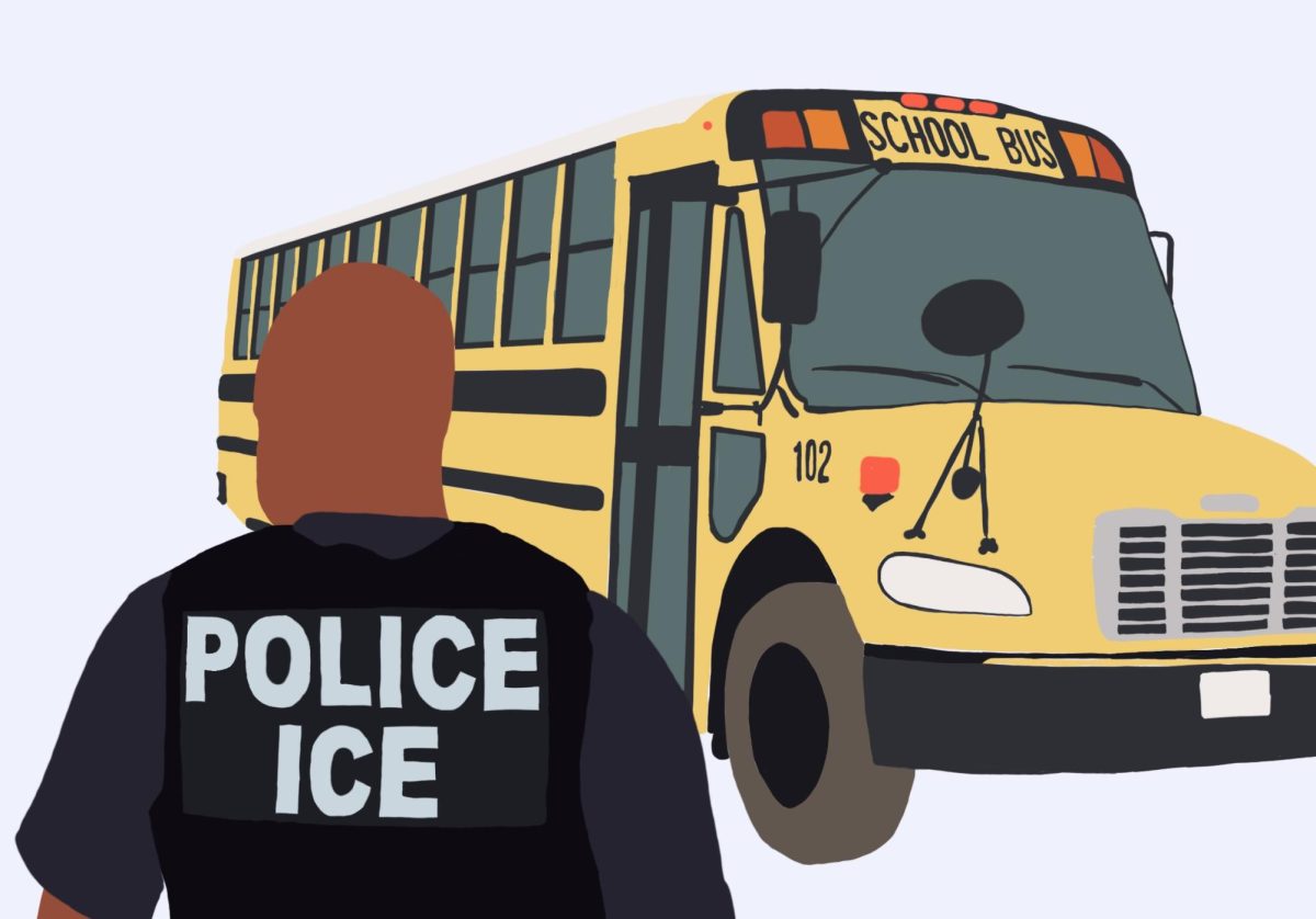 Artwork showing an ICE officer looking at a school bus.