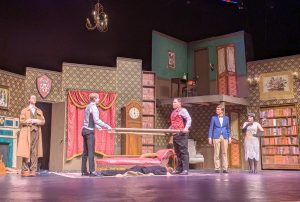 From left junior Zach Connett, senior Isaac McCalla, junior Phineas Van Maanen, junior Teddy Garcia, senior Aaron Shirley and junior Addy Davis perform in "The Play That Goes Wrong."