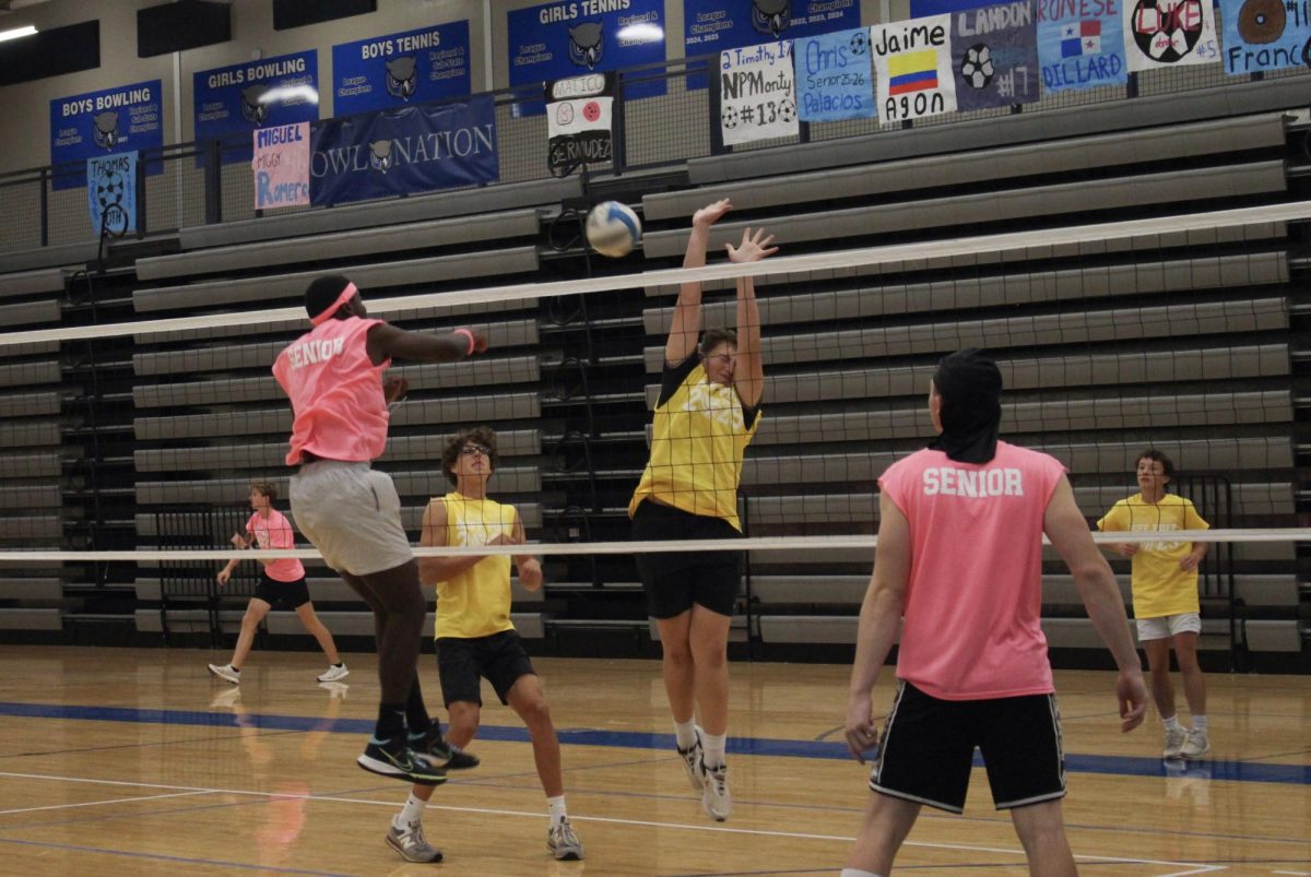 David Harper hits the ball to the freshman team.