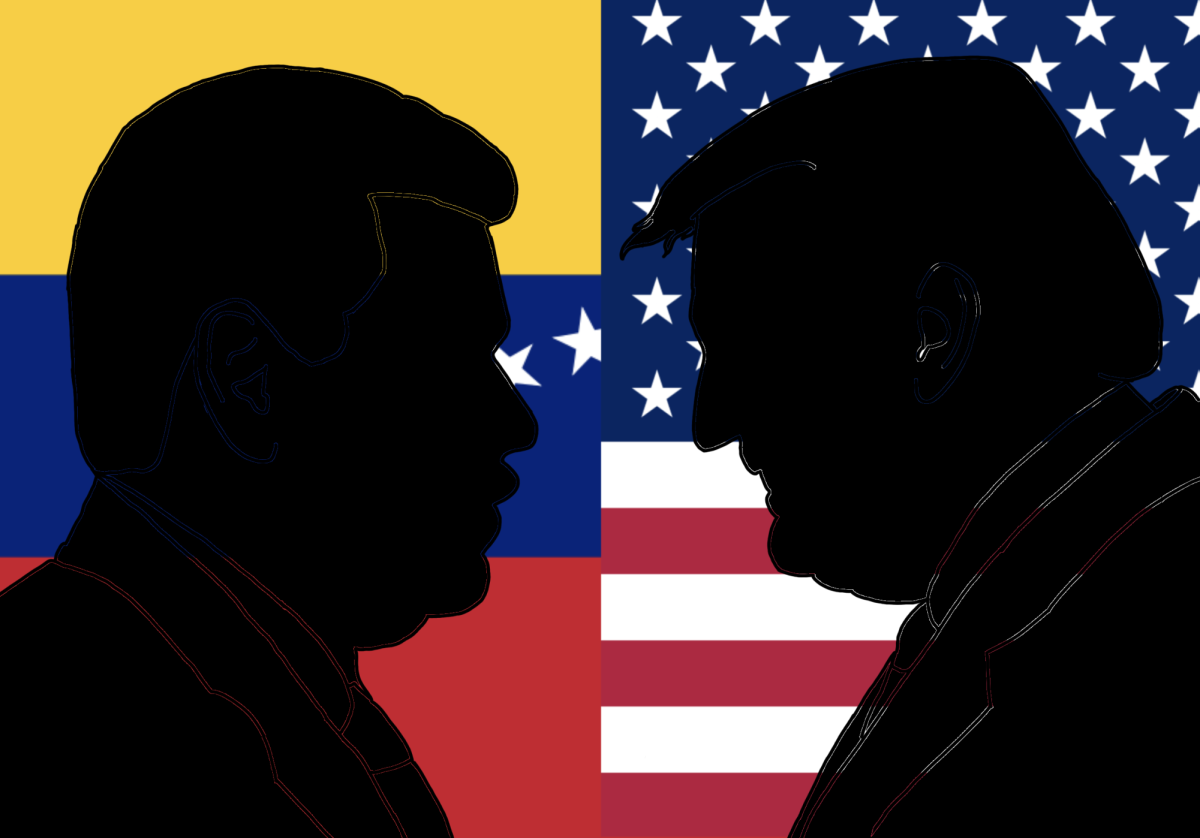Graphic of Maduro outline and Trump outline facing each other against their corresponding nation's flags. 