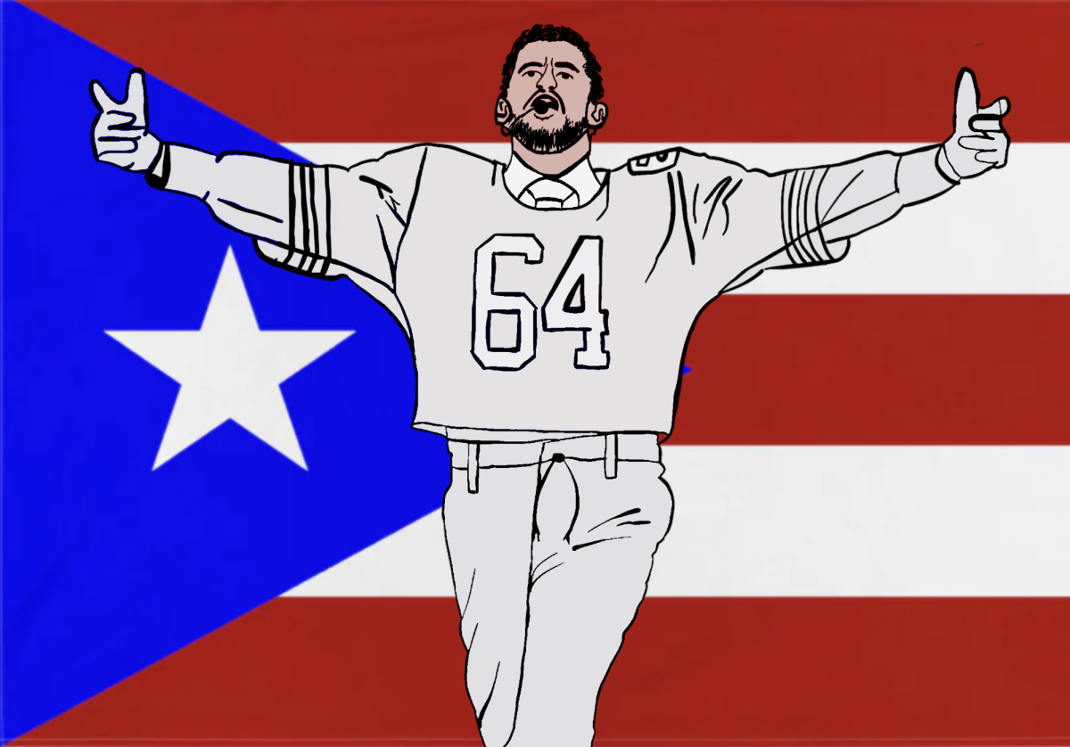 Illustration of Bad Bunny in front of flag of Puerto Rico.