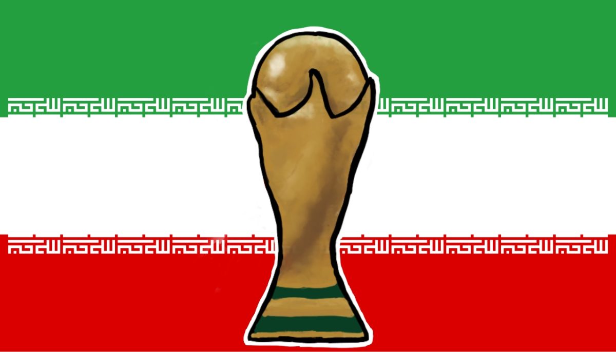 Iranian Flag with the FIFA World Cup trophy stationed in front.