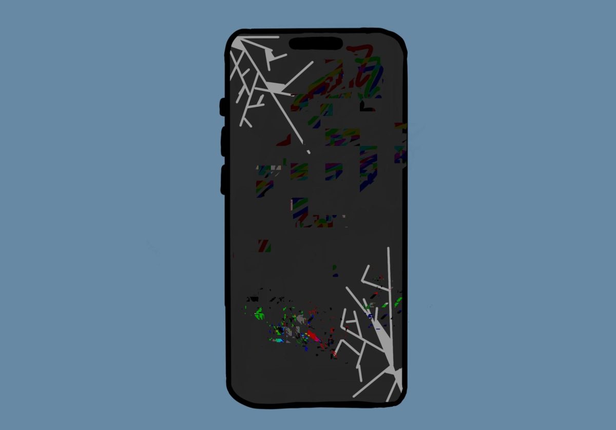 Phone with the screen cracked and glitching on a blue background 