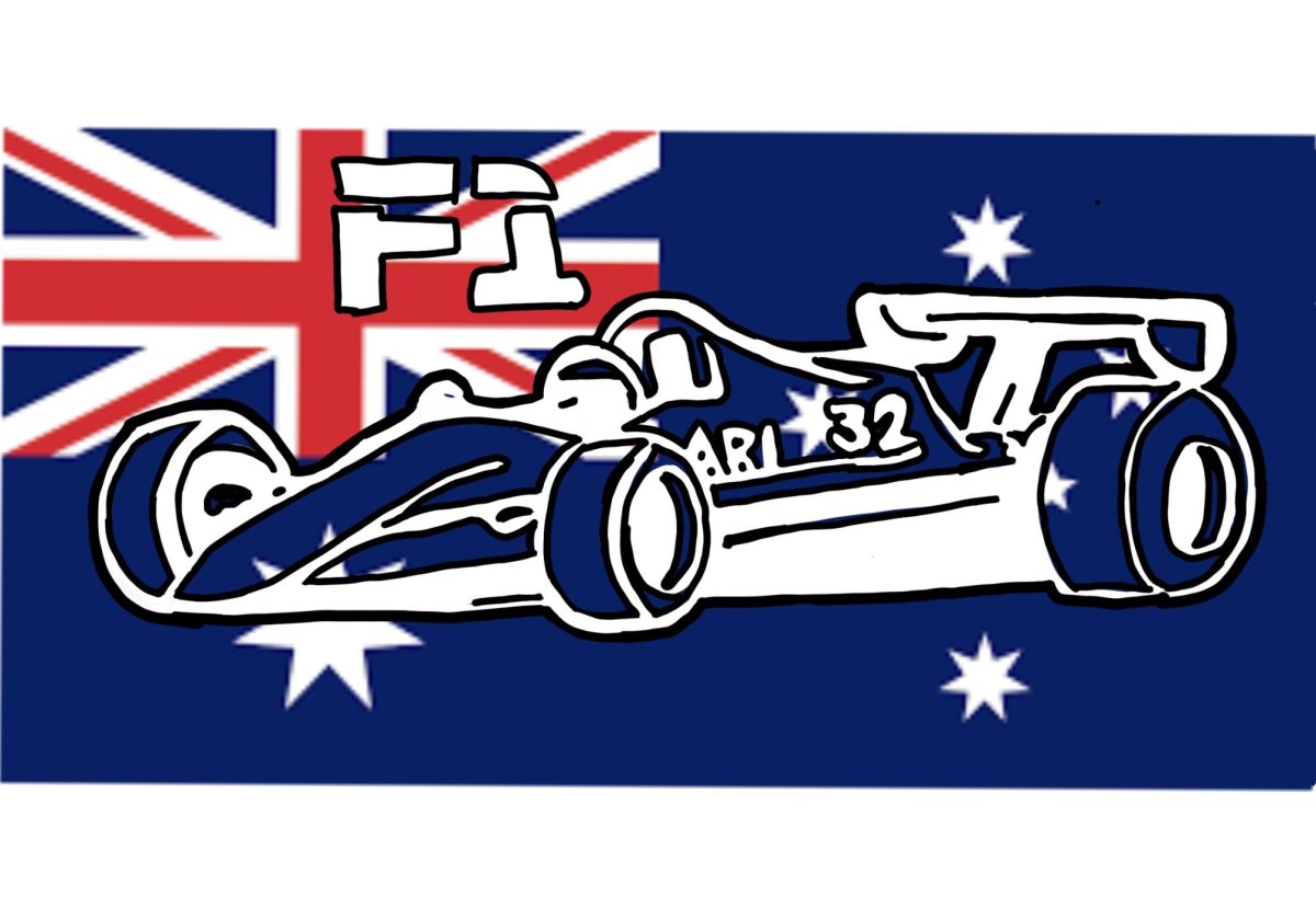 Black and white F1 car in front of the Australian flag.